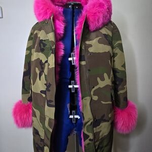 Women's Camouflage Puffer Jacket with GENUINE Pink FOX Fur Trim